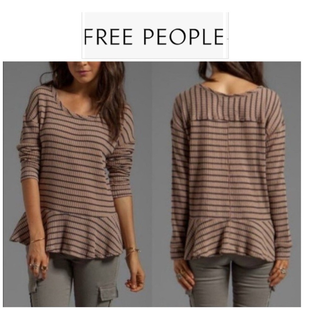 We The Free Auntie Em Brown and Black Striped Fringe Neck Peplum Sweater Top S